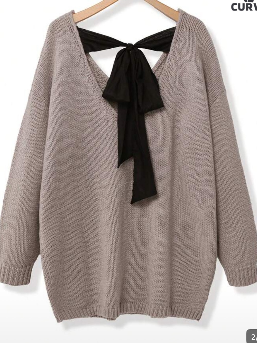 SHEIN Taupe V-Neck Oversized Knit Sweater bow back